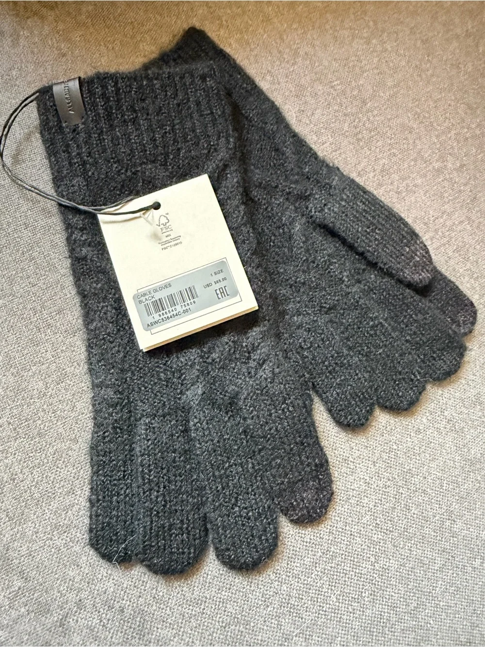 All Saints Black Black Cable Knit Gloves NWT